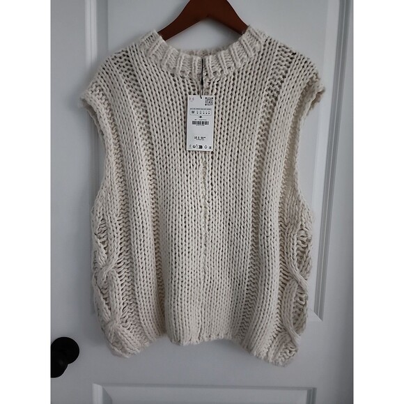 ZARA Chunky Knit Sweater Vest Pullover Oversized Ivory Size M High Neck NWT - Picture 1 of 8